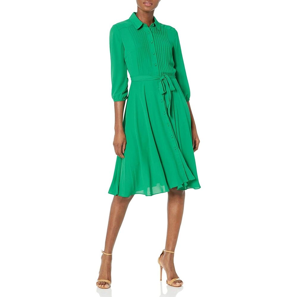 Nanette Lepore Women's 14W Green Pleated Tie Waist Puff Sleeve Midi Dress